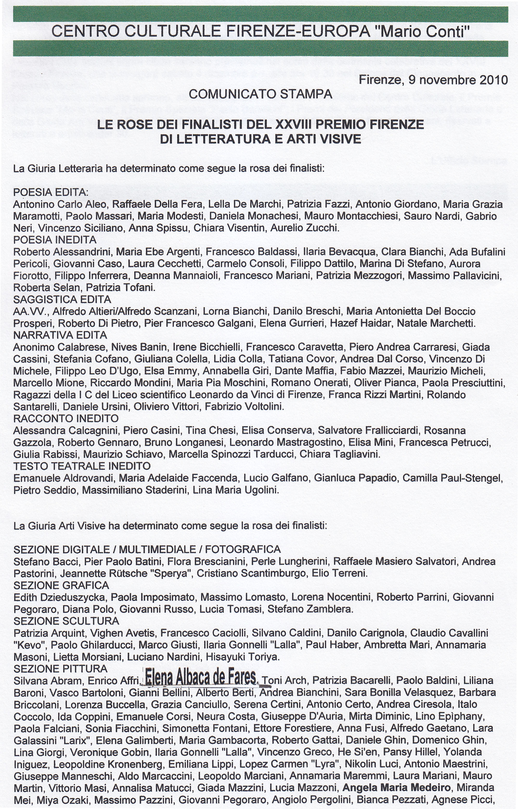 Listado de finalistas de una exposición en Italia en la que aparece la Profesora Elena Albaca de Fares.